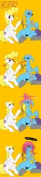 Size: 924x3999 | Tagged: safe, artist:slugbox, derpibooru import, surprise, oc, oc:cteno, pegasus, pony, ask surprise, comic, dialogue, duo, female, g1, g1 to g4, generation leap, glasses, hair growth, haircut, long tongue, mare, raised hoof, simple background, sitting, tongue out, unamused