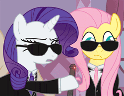 Size: 379x293 | Tagged: safe, derpibooru import, fluttershy, rarity, pegasus, pony, unicorn, animated, clothes, duo, duo female, female, gif, mare, mares in black, men in black, neuralizer, parody, suit, sunglasses