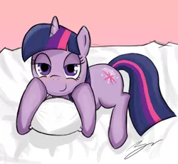 Size: 900x828 | Tagged: safe, artist:b0nbon, derpibooru import, twilight sparkle, pony, unicorn, bed, bedroom eyes, female, looking at you, mare, pillow, prone, smiling, solo