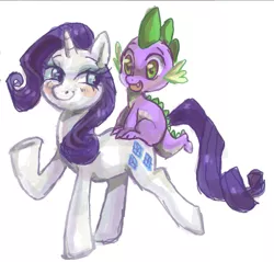Size: 725x693 | Tagged: safe, artist:kunaike, derpibooru import, rarity, spike, dragon, pony, unicorn, dragons riding ponies, female, male, mare, raised hoof, riding, shipping, simple background, smiling, sparity, straight, white background
