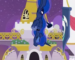 Size: 1280x1024 | Tagged: safe, artist:niggerfaggot, derpibooru import, princess luna, alicorn, pony, fanfic, canterlot, crying, eyes closed, falling, female, frown, lunacy, mare, night, solo, suicide