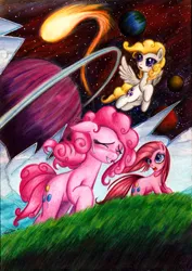 Size: 800x1127 | Tagged: safe, artist:lavosvsbahamut, derpibooru import, pinkie pie, surprise, earth pony, pegasus, pony, blushing, breaking the fourth wall, broken, colored pencil drawing, coloured pencil, comet, complex background, crack, epic, eyes closed, female, flying, fourth wall, fourth wall destruction, frown, g1, g1 to g4, g4, galloping, gel pen, generation leap, grass, mare, open mouth, photoshop elements, pinkamena diane pie, planet, planetary ring, running, self ponidox, smiling, space, stars, sweat, sweatdrop, traditional art, trinity pie, trio, trio female, watercolor painting, watercolour
