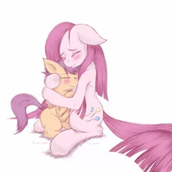 Size: 1600x1600 | Tagged: dead source, safe, artist:swaetshrit, derpibooru import, pinkie pie, scootaloo, earth pony, pegasus, pony, crying, duo, duo female, eyes closed, female, filly, floppy ears, hug, mare, paint tool sai, pinkamena diane pie, sad, scootalove, simple background, white background