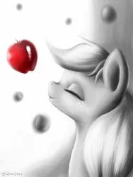 Size: 1200x1600 | Tagged: dead source, safe, artist:swaetshrit, derpibooru import, applejack, earth pony, pony, apple, eyes closed, female, grayscale, hatless, mare, missing accessory, monochrome, neo noir, paint tool sai, partial color, solo, that pony sure does love apples