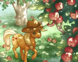 Size: 500x400 | Tagged: safe, artist:celesse, derpibooru import, applejack, earth pony, pony, apple, dappled sunlight, female, mare, orchard, solo, tree