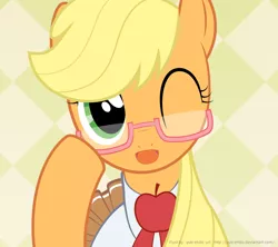 Size: 900x800 | Tagged: safe, artist:yuki endo, derpibooru import, applejack, earth pony, pony, abstract background, clothes, cute, female, glasses, hatless, jackabetes, looking at you, mare, missing accessory, schoolgirl, solo, wink
