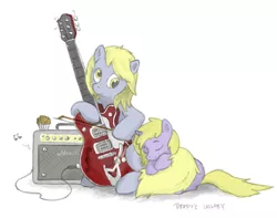 Size: 887x700 | Tagged: safe, artist:onkelscrut, derpibooru import, derpy hooves, dinky hooves, pegasus, pony, unicorn, amplifier, bow (instrument), cello bow, duo, duo female, equestria's best mother, female, filly, guitar, mare, muffin, sitting