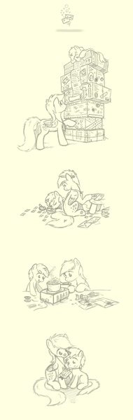 Size: 800x2521 | Tagged: safe, artist:onkelscrut, derpibooru import, derpy hooves, dinky hooves, pegasus, pony, unicorn, comic, cute, duo, duo female, equestria's best daughter, equestria's best mother, female, filly, mail, mare, monochrome, mouth hold, philately, working