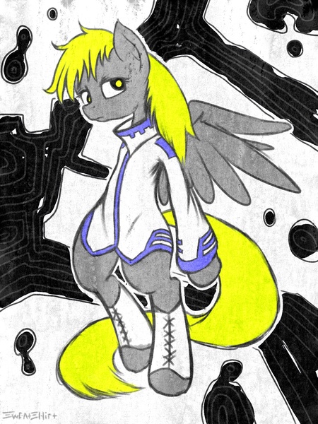 Size: 1200x1600 | Tagged: dead source, safe, artist:swaetshrit, derpibooru import, derpy hooves, pegasus, pony, abstract background, bipedal, clothes, female, mare, paint tool sai, sad, solo