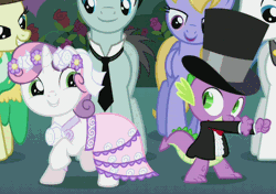 Size: 600x422 | Tagged: safe, derpibooru import, screencap, bruce mane, cloud kicker, fine line, maxie, orion, shooting star (character), spike, sweetie belle, dragon, earth pony, pegasus, pony, unicorn, a canterlot wedding, animated, cropped, cute, dancing, duo focus, female, filly, flower girl, gif, hat, male, mare, running man, shuffle, stallion, top hat