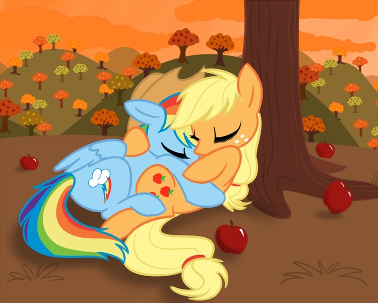 Size: 1280x1024 | Tagged: safe, artist:calicopikachu, derpibooru import, applejack, rainbow dash, earth pony, pegasus, pony, accessory swap, apple, appledash, cuddling, eyes closed, female, hug, lesbian, mare, on back, on top, orchard, prone, shipping, sleeping, snuggling, sunset, tree