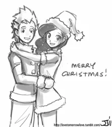 Size: 882x1000 | Tagged: artist:johnjoseco, christmas, derpibooru import, female, grayscale, hat, holiday, hug, human, humanized, looking at you, male, monochrome, princess luna, safe, santa hat, shipping, spike, spiluna, straight