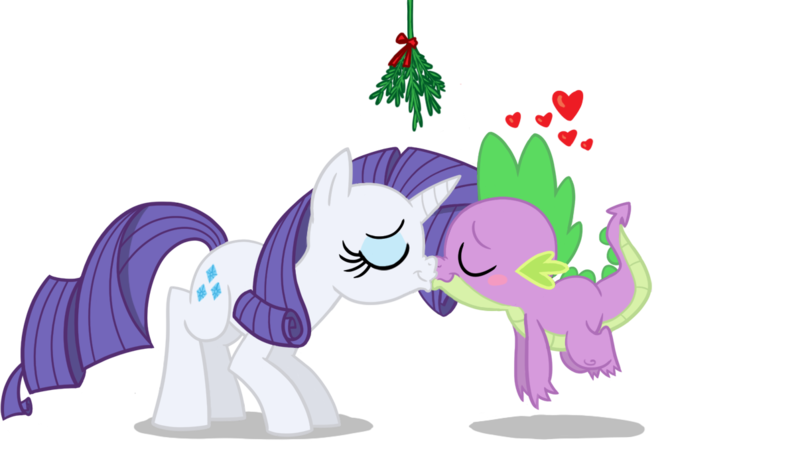 Size: 1206x683 | Tagged: safe, artist:thex-plotion, derpibooru import, rarity, spike, dragon, pony, unicorn, eyes closed, female, floating, heart, interspecies, kissing, male, mare, mistletoe, shipping, simple background, sparity, spikelove, straight, transparent background, vector