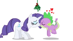 Size: 1206x683 | Tagged: safe, artist:thex-plotion, derpibooru import, rarity, spike, dragon, pony, unicorn, eyes closed, female, floating, heart, interspecies, kissing, male, mare, mistletoe, shipping, simple background, sparity, spikelove, straight, transparent background, vector