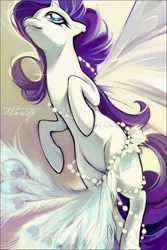 Size: 1500x2250 | Tagged: safe, artist:chio-kami, derpibooru import, rarity, pony, unicorn, artificial wings, augmented, ear piercing, earring, feather, female, flying, jewelry, lidded eyes, looking up, magic, magic wings, mare, pearl, pearl earrings, piercing, smiling, solo, wings