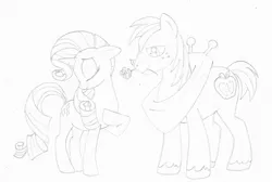 Size: 1024x687 | Tagged: safe, artist:ginphin509, derpibooru import, big macintosh, rarity, earth pony, pony, unicorn, female, flower, flower in mouth, male, mare, monochrome, mouth hold, rarimac, shipping, smiling, stallion, straight