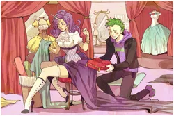 Size: 1000x667 | Tagged: safe, artist:averyniceprince, derpibooru import, rarity, spike, human, carousel boutique, clothes, corset, dress, fabric, female, garter belt, high heel boots, high heels, hoodie, horned humanization, humanized, male, mannequin, mohawk, older, sewing, shipping, sparity, stockings, straight, working