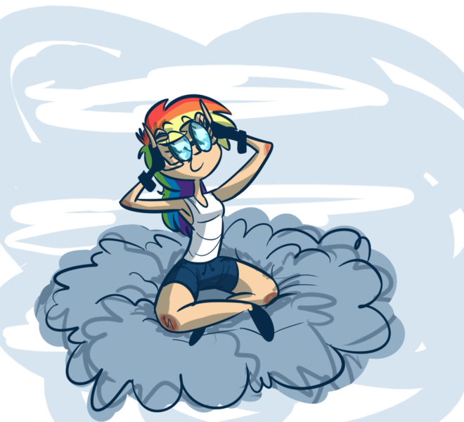 Size: 880x800 | Tagged: armpits, artist:tess, clothes, cloud, compression shorts, dead source, derpibooru import, female, fingerless gloves, gloves, goggles, human, humanized, rainbow dash, safe, sitting, skinny, smiling, solo