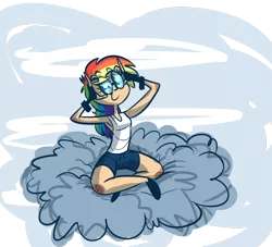 Size: 880x800 | Tagged: armpits, artist:tess, clothes, cloud, compression shorts, dead source, derpibooru import, female, fingerless gloves, gloves, goggles, human, humanized, rainbow dash, safe, sitting, skinny, smiling, solo