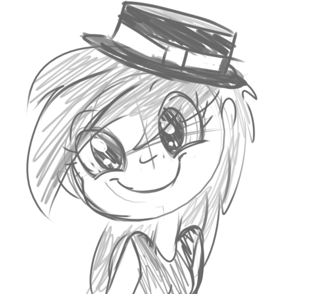 Size: 770x700 | Tagged: artist:tess, derpibooru import, female, hat, human, humanized, monochrome, rainbow dash, safe, smiling, solo