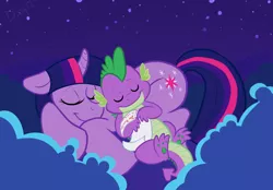 Size: 1280x892 | Tagged: safe, artist:dissybuhr, derpibooru import, spike, twilight sparkle, dragon, pony, unicorn, cloud, duo, female, male, mare, night, scroll, sleeping, smiling, spikelove