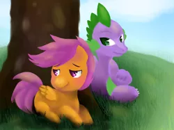 Size: 900x672 | Tagged: safe, artist:marie-ah, derpibooru import, scootaloo, spike, dragon, pegasus, pony, blushing, female, filly, male, prone, scootaspike, shipping, sitting, straight, tree