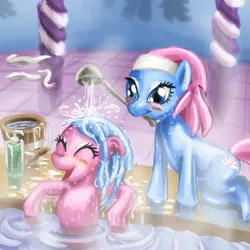 Size: 1650x1650 | Tagged: dead source, safe, artist:pluckyninja, derpibooru import, aloe, lotus blossom, earth pony, pony, bath, blushing, duo, duo female, eyes closed, female, mare, mouth hold, photoshop, spa, spa twins, water, wet, wet mane