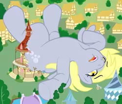 Size: 1000x850 | Tagged: safe, artist:khorme, derpibooru import, derpy hooves, mayor mare, rainbow dash, earth pony, pegasus, pony, destruction, female, giant derpy hooves, giant pony, macro, mare, on back, ponyville, ponyville town hall, town hall