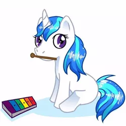 Size: 600x600 | Tagged: artist needed, safe, derpibooru import, vinyl scratch, pony, unicorn, female, filly, mouth hold, sitting, solo, xylophone, young, younger
