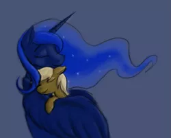 Size: 775x622 | Tagged: safe, artist:enma-darei, derpibooru import, princess luna, oc, oc:paper pony, alicorn, earth pony, pony, blue, brown, duo, eyes closed, female, hug, male, mare, paper, paper pony, smiling, stallion, wings