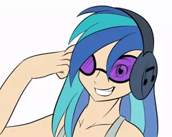 Size: 960x768 | Tagged: artist:kloudmutt, derpibooru import, female, grin, headphones, human, humanized, safe, simple background, smiling, solo, vinyl scratch, white background