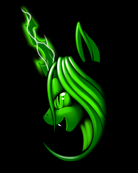Size: 2400x3000 | Tagged: dead source, safe, artist:kloudmutt, derpibooru import, queen chrysalis, changeling, changeling queen, bedroom eyes, black background, bust, dark, fangs, female, glow, glowing horn, green changeling, high res, horn, image, open mouth, png, portrait, profile, simple background, smiling, solo