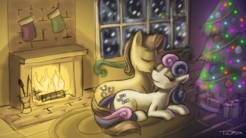 Size: 1920x1080 | Tagged: dead source, safe, artist:pluckyninja, derpibooru import, bon bon, caramel, sweetie drops, earth pony, pony, adorabon, carabetes, carabon, christmas, cute, eyes closed, female, fireplace, male, mare, photoshop, prone, rarepair, shipping, stallion, straight, wallpaper