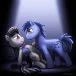 Size: 1080x1080 | Tagged: dead source, safe, artist:pluckyninja, derpibooru import, blues, noteworthy, octavia melody, earth pony, pony, blushing, dancing, eye contact, female, looking at each other, male, mare, notetavia, photoshop, rarepair, shipping, spotlight, stallion, straight