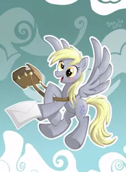 Size: 700x950 | Tagged: safe, artist:don-ko, derpibooru import, derpy hooves, pegasus, pony, bag, female, flying, happy, letter, mail, mailbag, mare, outline, sky, solo, underhoof