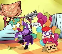 Size: 1134x1000 | Tagged: safe, artist:madmax, derpibooru import, snails, twist, earth pony, pony, unicorn, balloon, bed, clothes, colt, crossover, duo, female, filly, gravity falls, male, tourist trapped