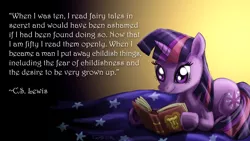 Size: 1920x1080 | Tagged: dead source, safe, artist:pluckyninja, derpibooru import, twilight sparkle, pony, unicorn, aslan, bed, book, c.s. lewis, chronicles of narnia, crossover, female, gradient background, mare, photoshop, prone, quote, reading, smiling, solo, text, unicorn twilight, wallpaper