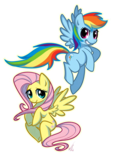 Size: 768x1048 | Tagged: safe, artist:vaporotem, derpibooru import, fluttershy, rainbow dash, pegasus, pony, cloud, cloudy, duo, duo female, female, flying, mare, outline, simple background, sky, smiling, transparent background