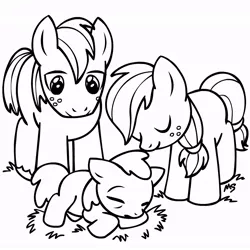 Size: 945x945 | Tagged: safe, artist:megasweet, derpibooru import, apple bloom, applejack, big macintosh, earth pony, pony, apple siblings, baby, baby pony, colt, cute, filly, hatless, jackabetes, macabetes, male, missing accessory, monochrome, younger