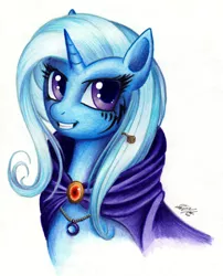 Size: 800x989 | Tagged: safe, artist:lavosvsbahamut, derpibooru import, trixie, pony, unicorn, accessories, bust, cape, clothes, colored pencil drawing, coloured pencil, crescent moon, female, jewelry, looking up, mare, moon, necklace, pencil, portrait, simple background, smiling, solo, tattoo, traditional art, trixie's cape, watercolor painting, watercolour, white background