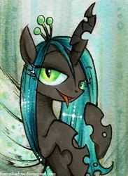 Size: 439x600 | Tagged: safe, artist:foxinshadow, derpibooru import, queen chrysalis, changeling, changeling queen, bedroom eyes, deviantart link, female, image, looking at you, open mouth, png, smiling, solo, tongue out