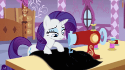 Size: 450x253 | Tagged: safe, derpibooru import, screencap, rarity, pony, unicorn, green isn't your color, animated, carousel boutique, female, gif, mare, sewing, sewing machine, solo