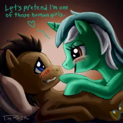Size: 1000x1000 | Tagged: dead source, suggestive, artist:pluckyninja, derpibooru import, doctor whooves, lyra heartstrings, time turner, earth pony, pony, unicorn, bed, blushing, doctorlyra, eye contact, female, heart, implied sex, looking at each other, male, mare, photoshop, pillow, shipping, stallion, straight