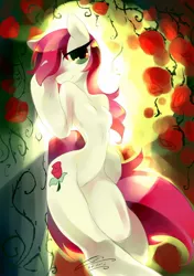 Size: 1000x1417 | Tagged: suggestive, artist:iopichio, derpibooru import, roseluck, anthro, earth pony, arm hooves, barbie doll anatomy, breasts, featureless breasts, female, flower, rose, solo, solo female