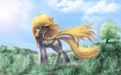 Size: 1680x1050 | Tagged: safe, artist:night-specter, artist:raikoh, derpibooru import, derpy hooves, pegasus, pony, beautiful, crepuscular rays, epic derpy, faic, female, food, hair over one eye, mare, meadow, mouth hold, muffin, solo, tree, windswept mane