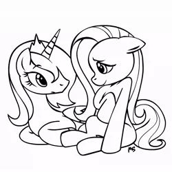Size: 945x945 | Tagged: safe, artist:megasweet, derpibooru import, fluttershy, princess luna, alicorn, pegasus, pony, black and white, female, grayscale, lesbian, lineart, looking at each other, lunashy, lying, mare, monochrome, prone, s1 luna, shipping, simple background, sitting, white background