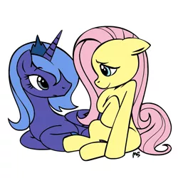 Size: 945x945 | Tagged: safe, artist:megasweet, derpibooru import, fluttershy, princess luna, alicorn, pegasus, pony, duo, duo female, female, looking at each other, mare, prone, s1 luna, simple background, sitting, white background