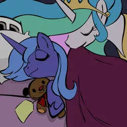 Size: 945x945 | Tagged: safe, artist:megasweet, artist:moongazeponies, derpibooru import, princess celestia, princess luna, alicorn, pony, bed, duo, eyes closed, female, mare, mouth hold, s1 luna, sisters, sleeping, teddy bear, tucking in