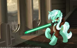 Size: 1680x1050 | Tagged: safe, artist:don-ko, derpibooru import, lyra heartstrings, pony, unicorn, clothes, cosplay, crossover, female, jedi, lightsaber, mare, mouth hold, raised hoof, robe, solo, star wars, window