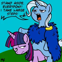 Size: 945x945 | Tagged: safe, artist:megasweet, derpibooru import, trixie, twilight sparkle, pony, unicorn, a funny thing happened on the way to the forum, annoyed, crossover, duo, duo female, female, mare, ponies riding ponies
